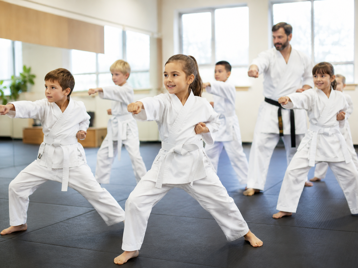 Kids practicing karate with an instructor in a bright dojo